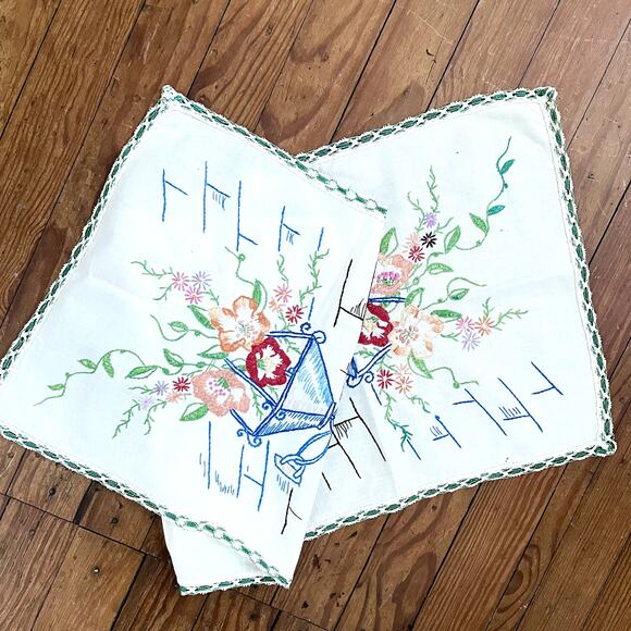 Vintage Embroidered Dresser Scarf Table Runner Lacy Embroidery FLOWER BASKET - Picture 3 of 5